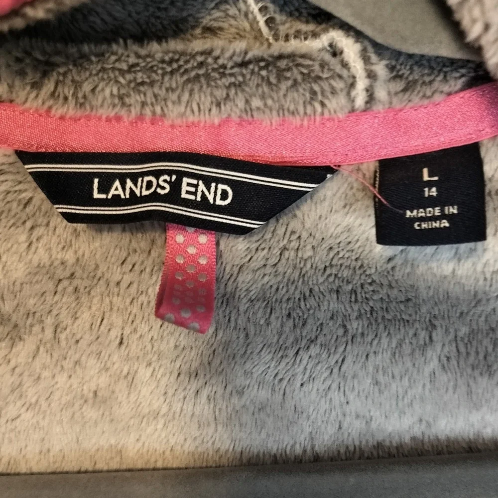 Lands End Girls Soft Fleece Zip‎ Up Hooded Gray &  Pink Jacket Size L 14